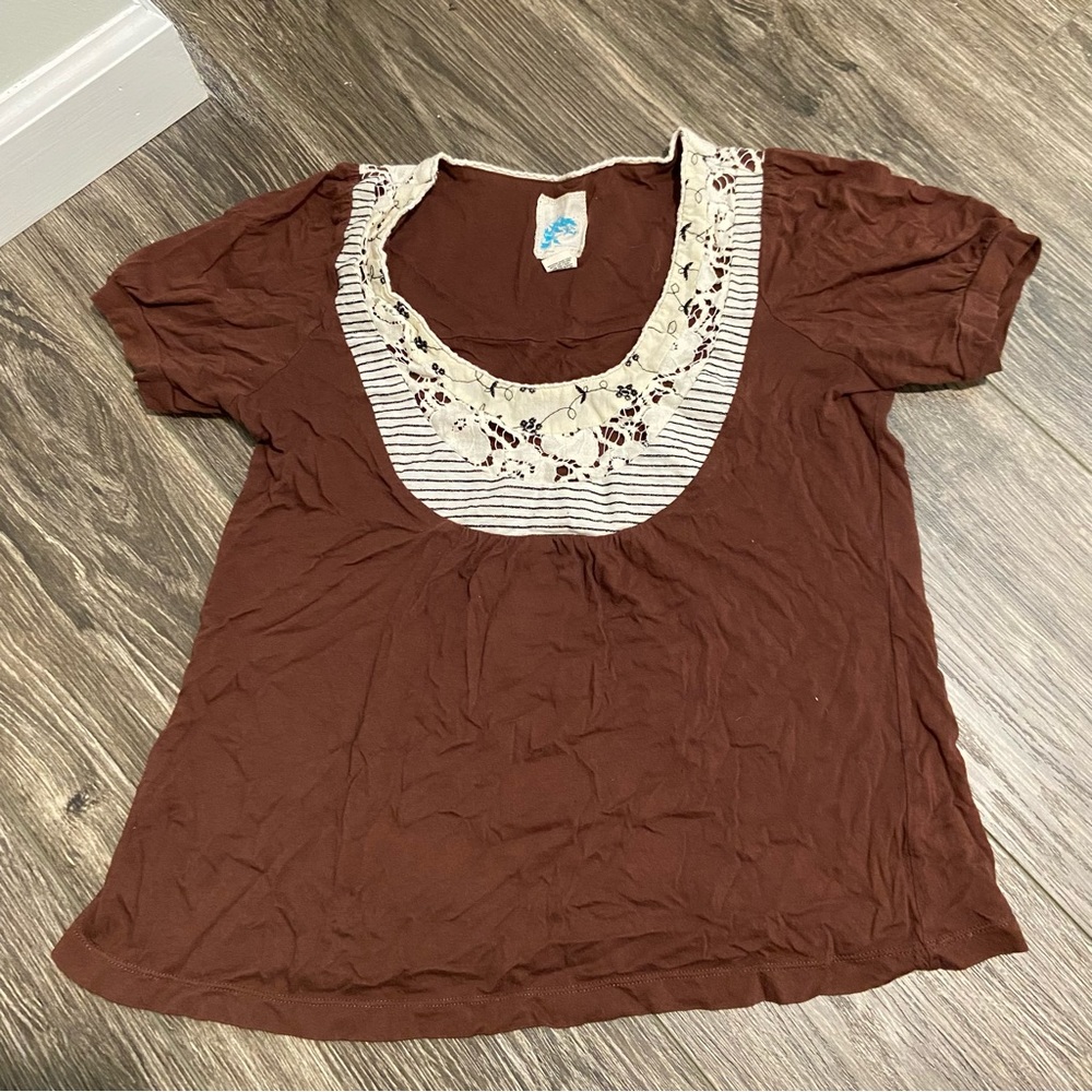 Anthropologie C Keen Pima cotton modal blend tee with lace neckline size XS